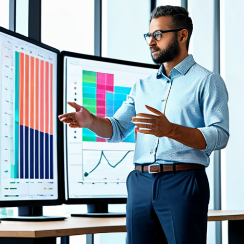 Home 4 A professional data scientist in a modest business shirt and trousers, standing confidently in a bright, futuristic office. They are interacting with a holographic display showing complex, vibrant data visualizations and charts, symbolizing advanced AI-driven analytics and accelerated decision-making. Fully clothed, appropriate attire, safe for work, appropriate content, perfect anatomy, correct proportions, natural pose, well-formed hands, proper finger count, natural body proportions, professional photography, high quality, family-friendly.