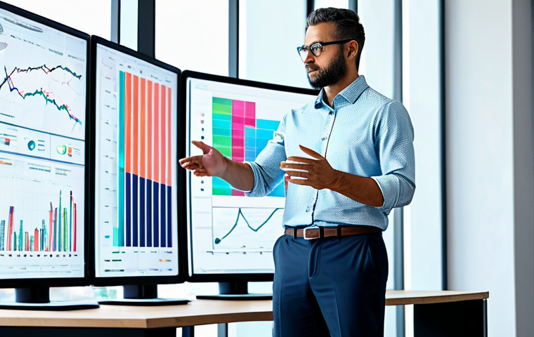 A professional data scientist in a modest business shirt and trousers, standing confidently in a bright, futuristic office. They are interacting with a holographic display showing complex, vibrant data visualizations and charts, symbolizing advanced AI-driven analytics and accelerated decision-making. Fully clothed, appropriate attire, safe for work, appropriate content, perfect anatomy, correct proportions, natural pose, well-formed hands, proper finger count, natural body proportions, professional photography, high quality, family-friendly.