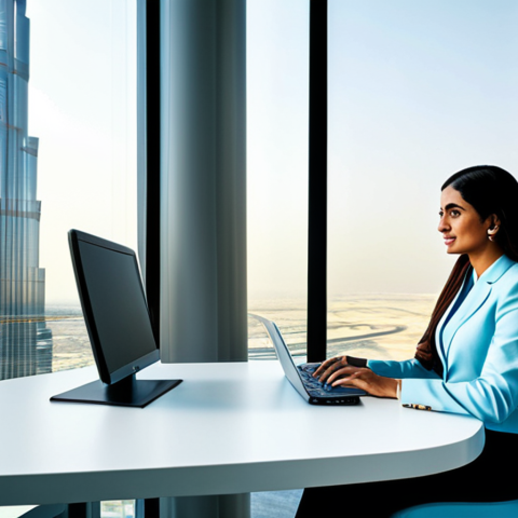 **
A professional businesswoman in a modern, brightly lit office in Dubai. She is wearing a stylish, modest business suit (fully clothed), working at a clean desk with a laptop. Burj Khalifa visible through the window. Professional photography, perfect anatomy, natural proportions, safe for work, appropriate content, family-friendly.
**