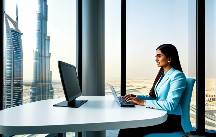 **
A professional businesswoman in a modern, brightly lit office in Dubai. She is wearing a stylish, modest business suit (fully clothed), working at a clean desk with a laptop. Burj Khalifa visible through the window. Professional photography, perfect anatomy, natural proportions, safe for work, appropriate content, family-friendly.
**