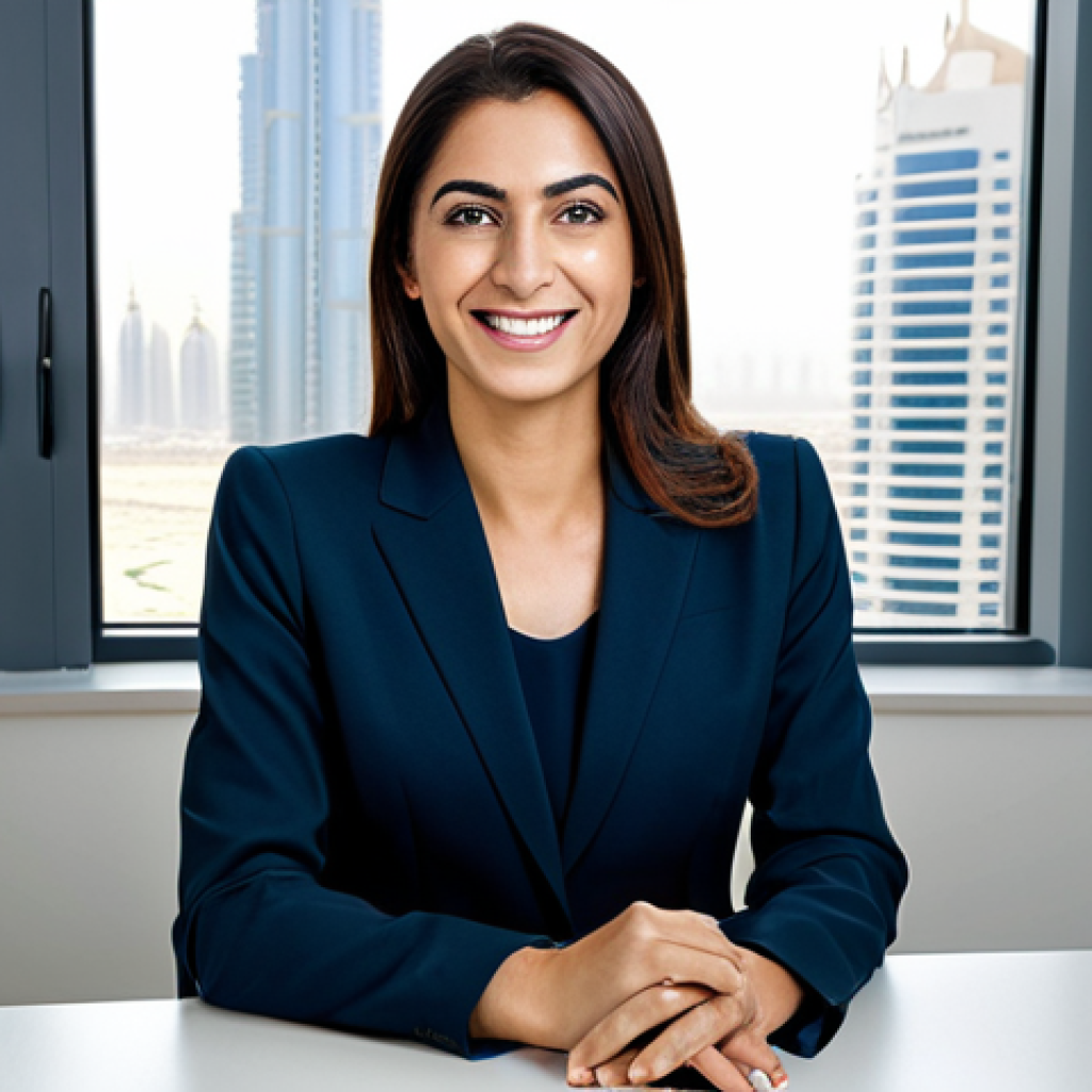 **
A professional businesswoman in a modest, dark-colored business suit, seated at a clean desk in a bright, modern office in Dubai. Behind her is a window overlooking the city skyline. She is smiling confidently while looking directly at the camera. Fully clothed, appropriate attire, safe for work, perfect anatomy, natural proportions, professional photograph, high quality.
**