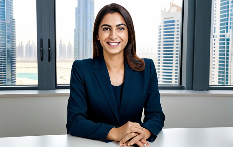 **
A professional businesswoman in a modest, dark-colored business suit, seated at a clean desk in a bright, modern office in Dubai. Behind her is a window overlooking the city skyline. She is smiling confidently while looking directly at the camera. Fully clothed, appropriate attire, safe for work, perfect anatomy, natural proportions, professional photograph, high quality.
**