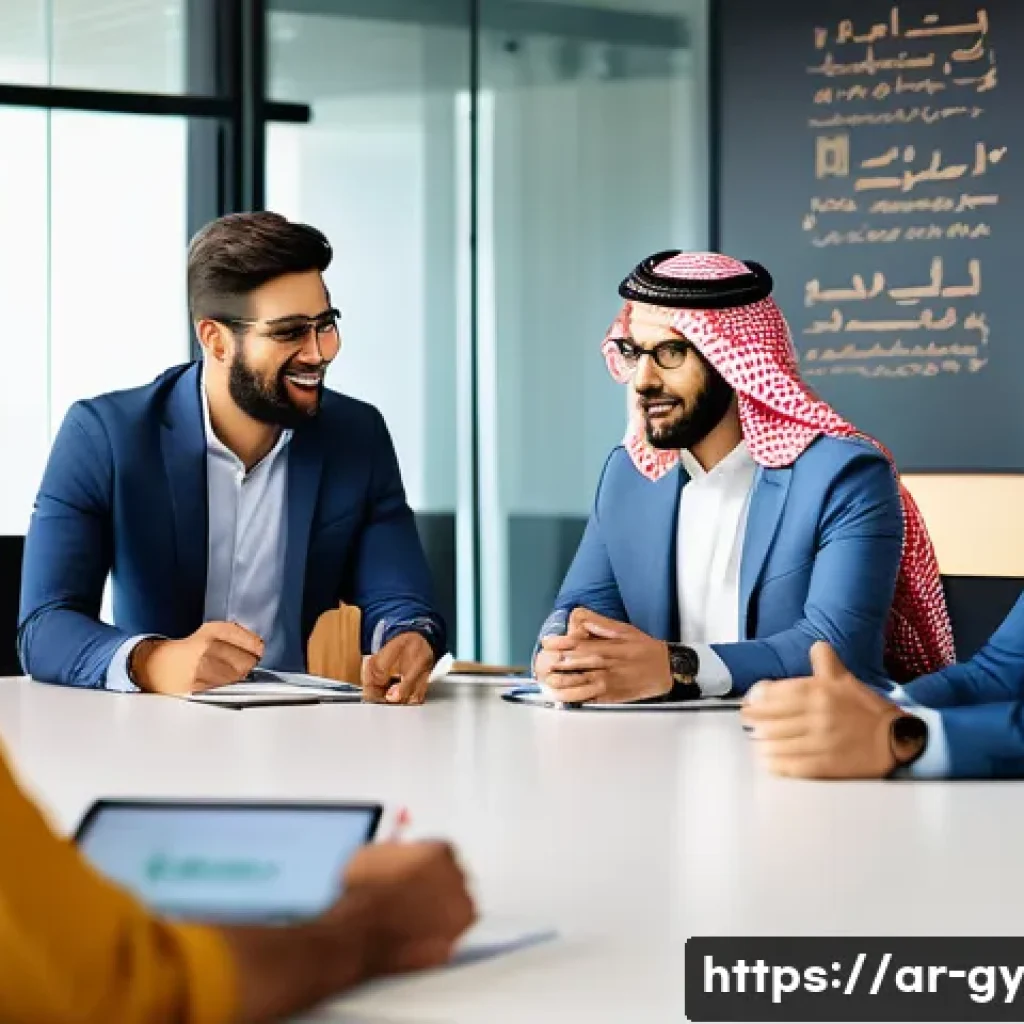 셀프 매니지드 팀의 연속적인 평가 및 피드백 - A vibrant Middle Eastern office scene showing a diverse self-managed team engaged in a weekly open m...