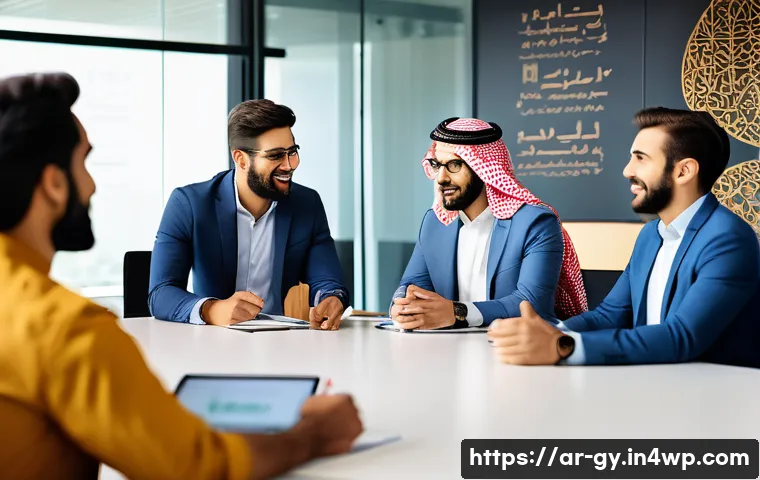 셀프 매니지드 팀의 연속적인 평가 및 피드백 - A vibrant Middle Eastern office scene showing a diverse self-managed team engaged in a weekly open m...