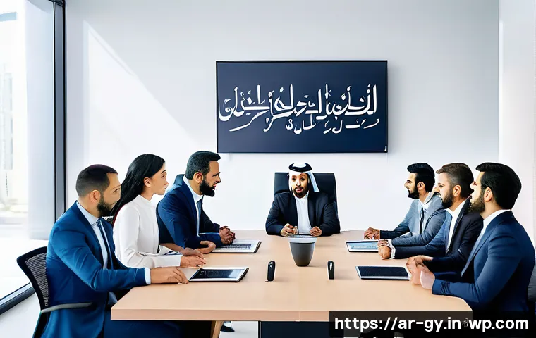 셀프 매니지드 팀의 구성 원칙과 가이드라인 - A diverse team of professional Arab men and women in modern business attire collaborating confidentl...