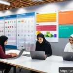 Home 23 셀프 매니지드 팀의 필수 소프트웨어 도구 소개 - A modern Arabic office environment with a diverse team collaborating around a large digital touchscr...