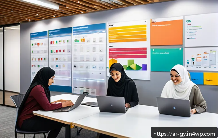 셀프 매니지드 팀의 필수 소프트웨어 도구 소개 - A modern Arabic office environment with a diverse team collaborating around a large digital touchscr...